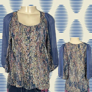 BCBGeneration S Blue Semi-Sheer Print Button Down Step-Hem 3/4 Sleeve Blouse